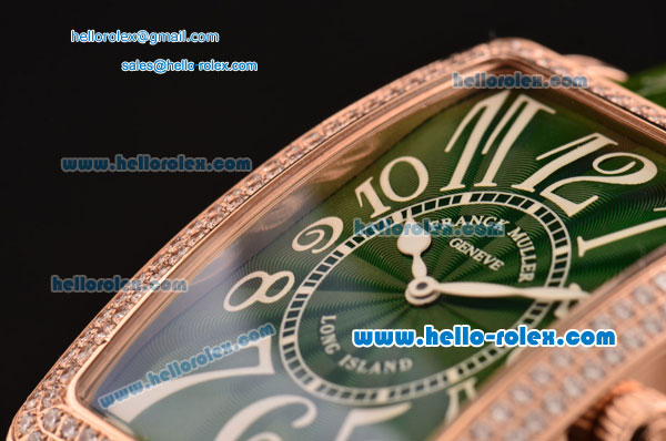 Franck Muller Long Island Swiss Quartz Rose Gold Case Diamond Bezel with Green Leather Strap and Green Dial - Click Image to Close